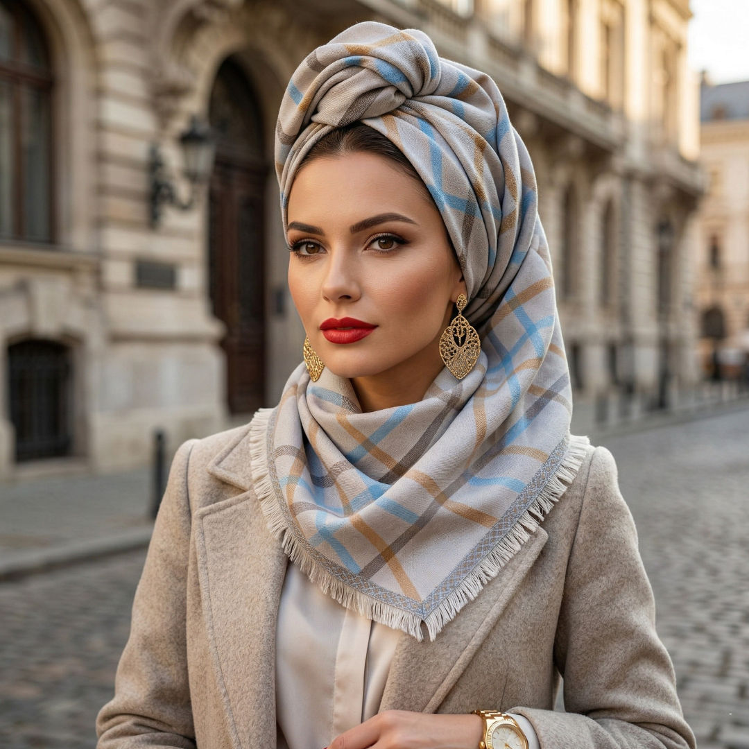 Cotton Scarf With Orange Blue Lines